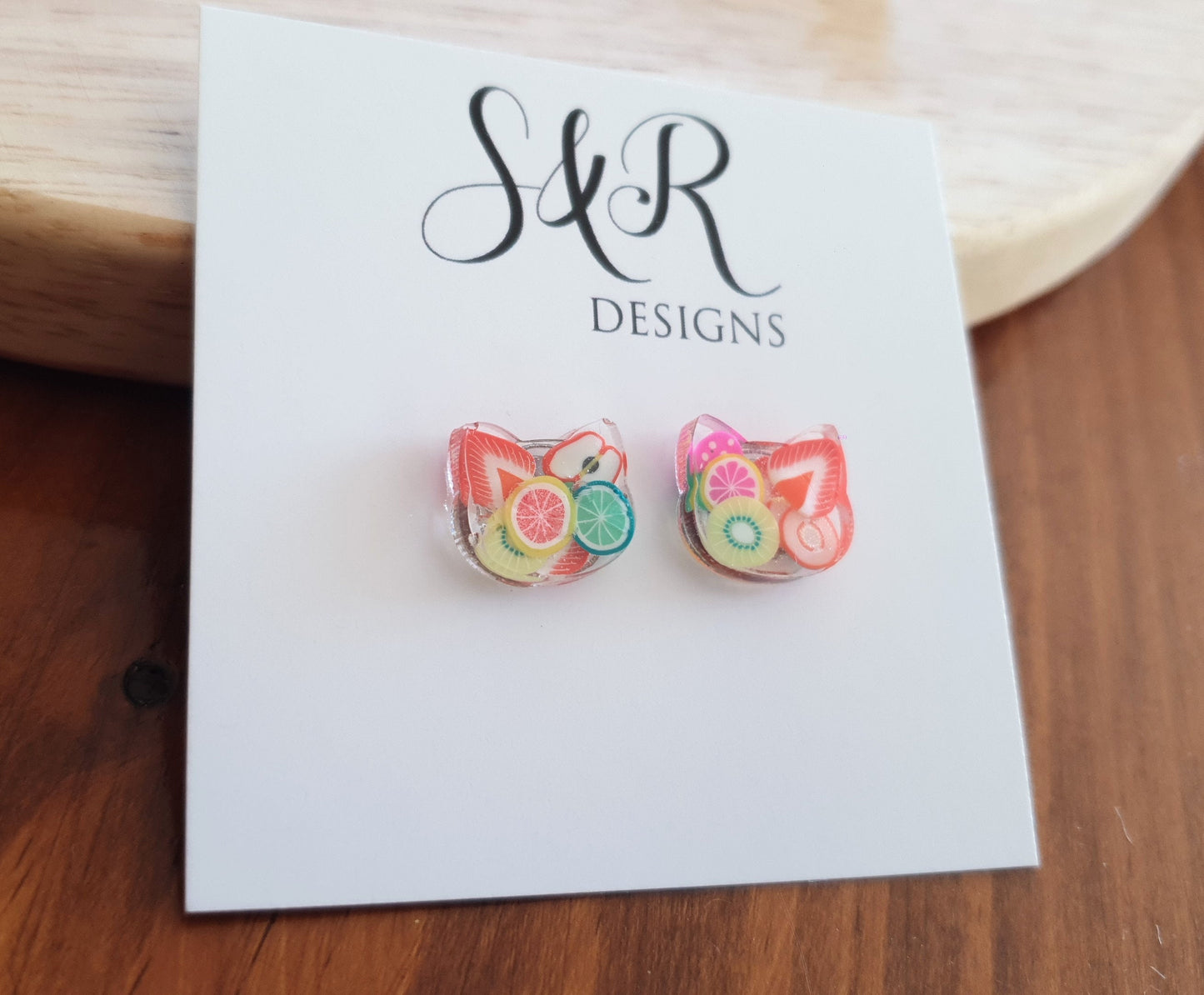 Fruit Salad Cat Earrings, Cat Polymer Fruit Resin Stud Earrings, Earrings made with Stainless Steel.