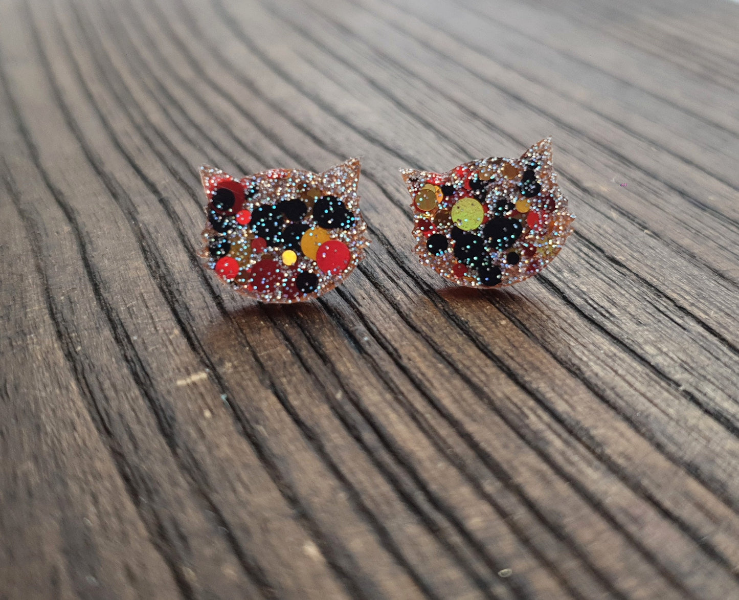 Fall Glitz Cat Earrings, Orange Black Gold Holographic Glitter Resin Stud Earrings, Cat Earrings made with Stainless Steel