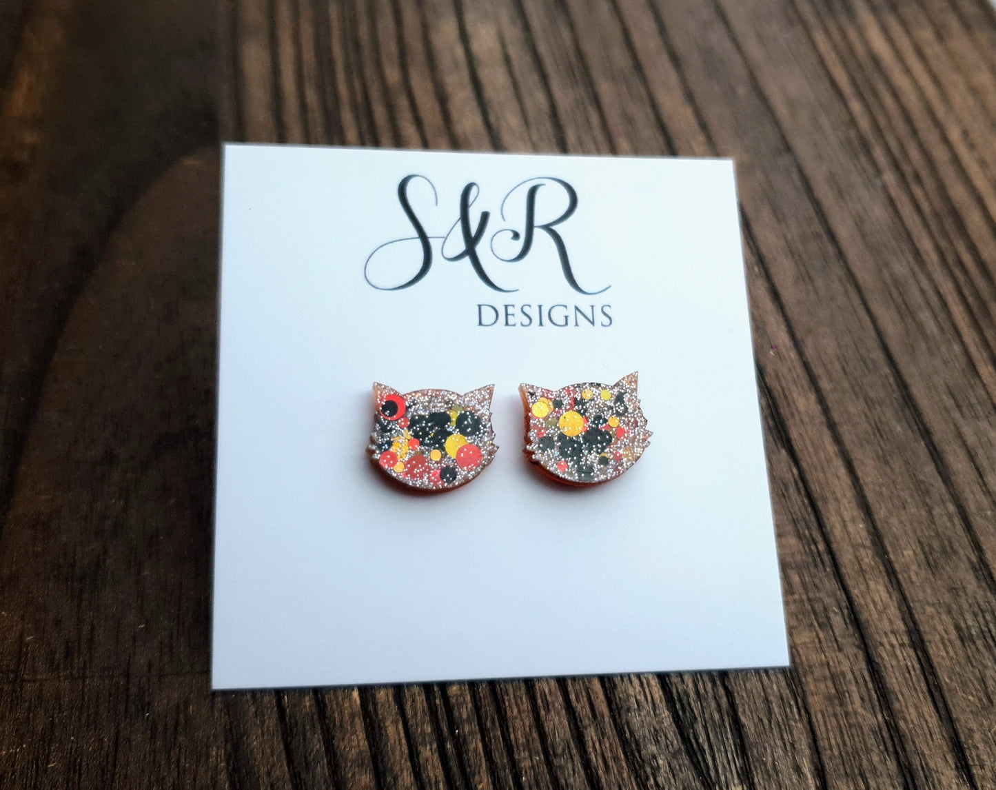 Fall Glitz Cat Earrings, Orange Black Gold Holographic Glitter Resin Stud Earrings, Cat Earrings made with Stainless Steel
