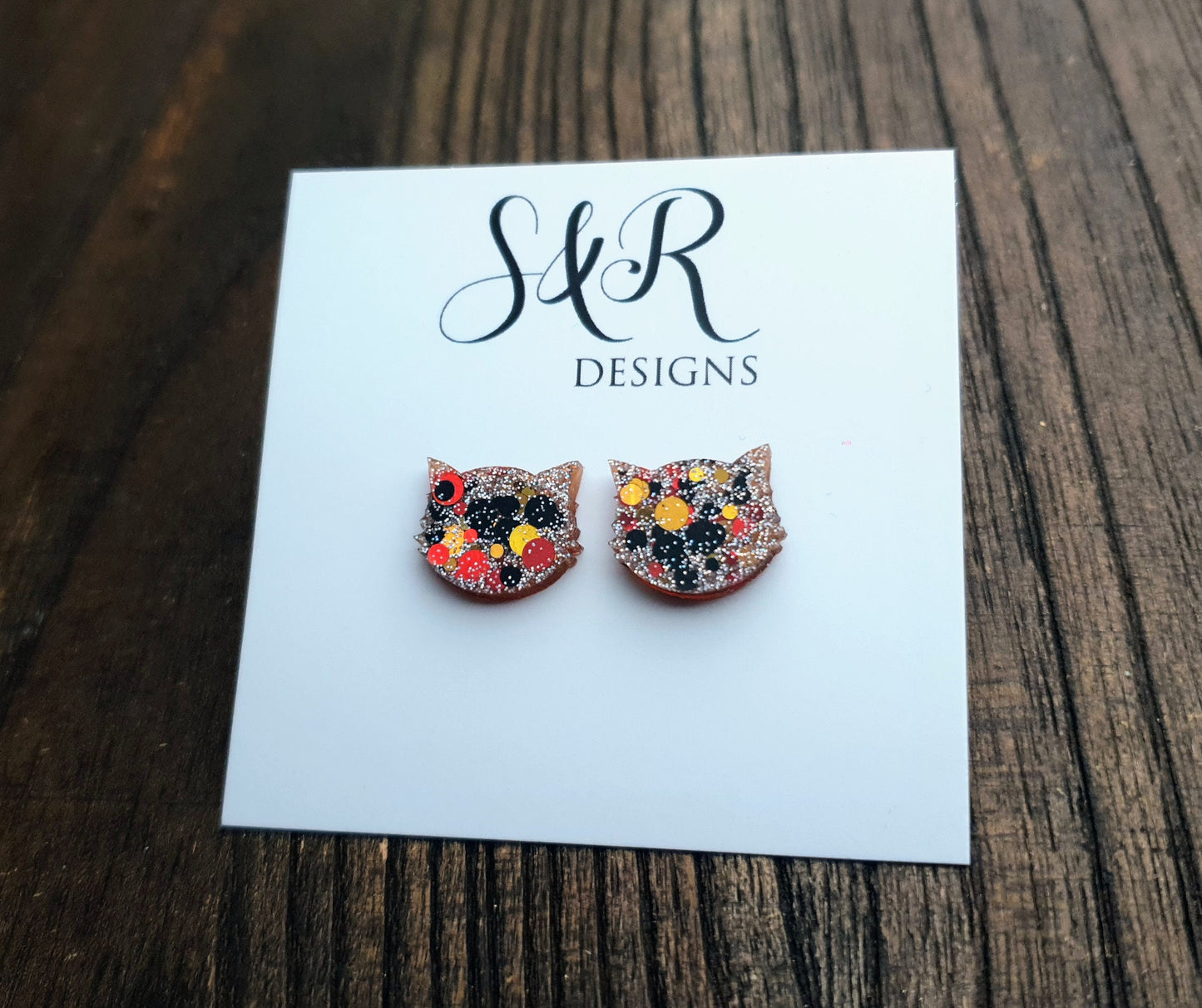 Fall Glitz Cat Earrings, Orange Black Gold Holographic Glitter Resin Stud Earrings, Cat Earrings made with Stainless Steel