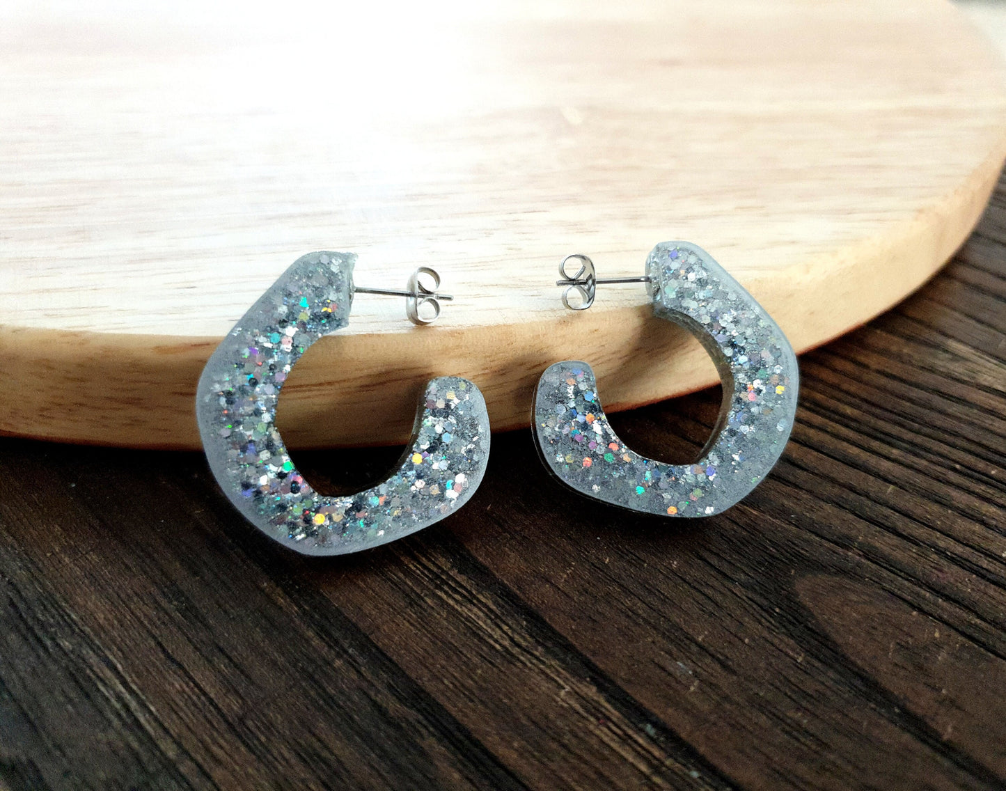 Silver Hoop Link Dangle Drop Earrings, Silver Holographic Hoops with Stainless Steel. Unique Design Handmade Jewellery.