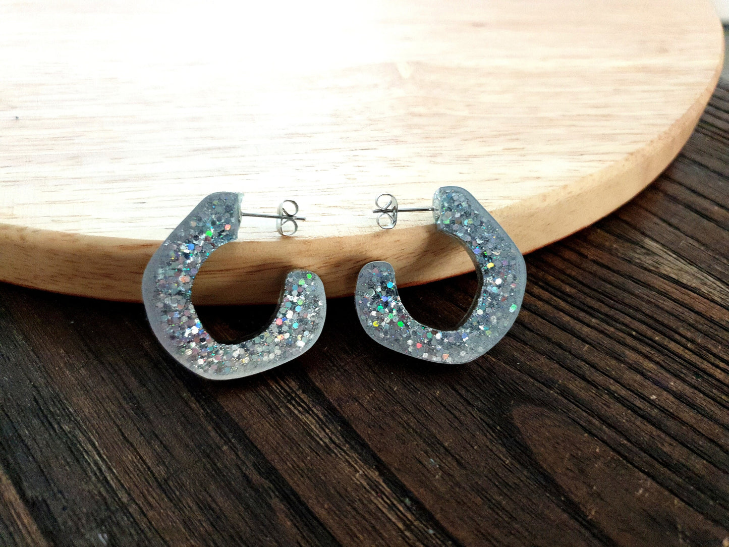 Silver Hoop Link Dangle Drop Earrings, Silver Holographic Hoops with Stainless Steel. Unique Design Handmade Jewellery.