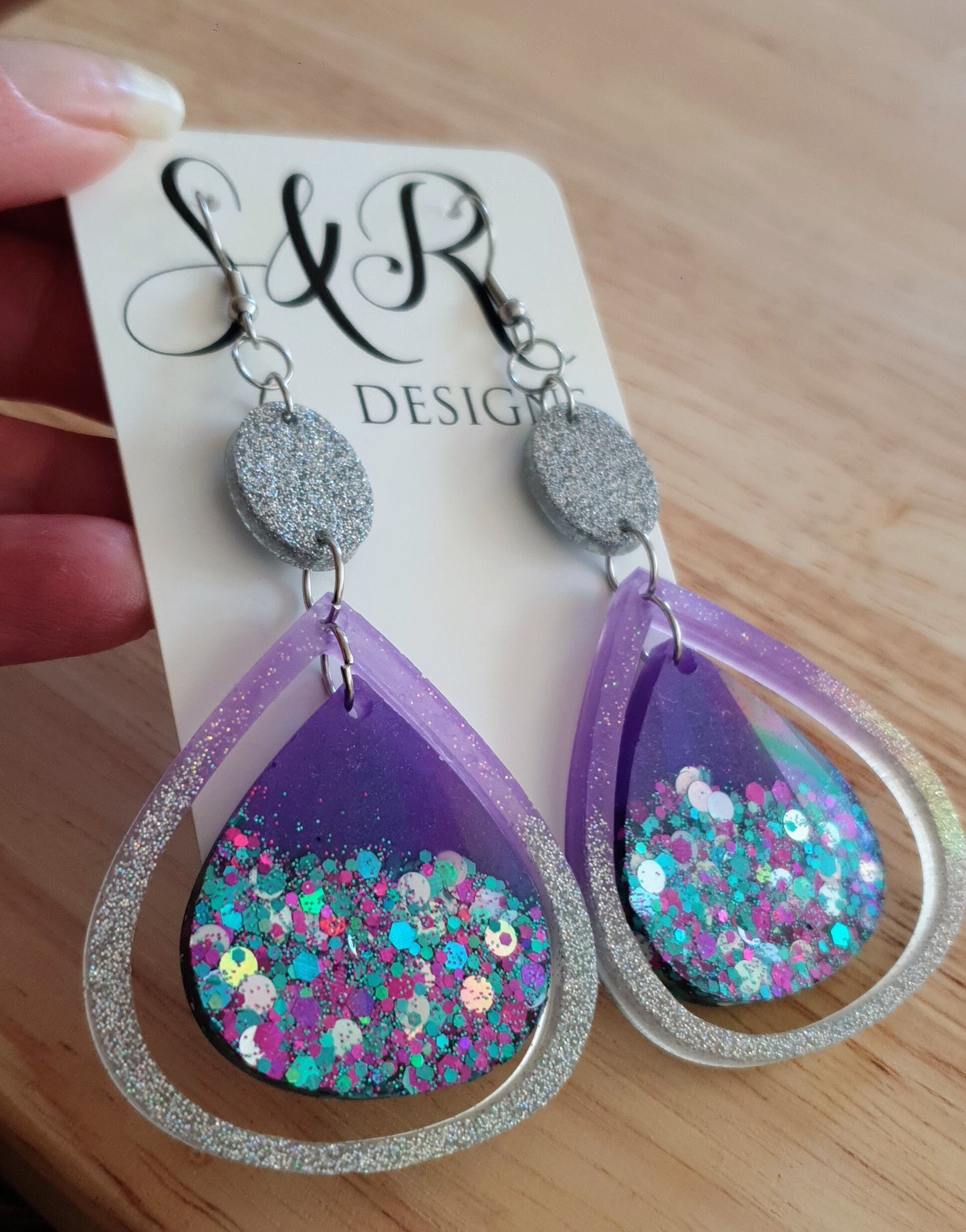 Holographic Double Teardrop Long Hook Earrings, Purple, Teal and Silver Glitter Resin Dangles, Stainless Steel Earrings, Statement Earrings