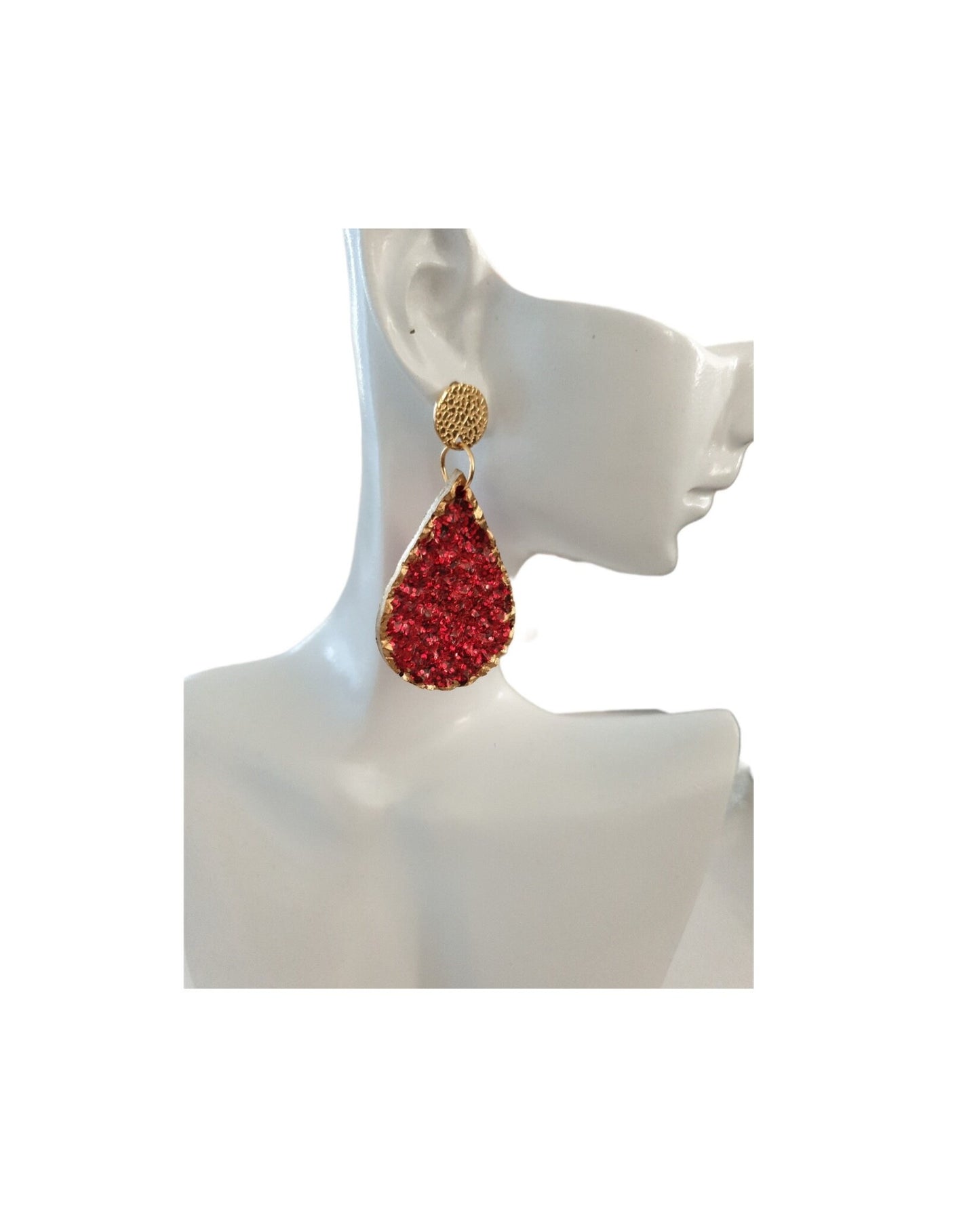 Red Teardrops Resin Long Gold Earrings, Gold with Red Glitter Resin Earrings, Stainless Steel Earrings, Statement Earrings