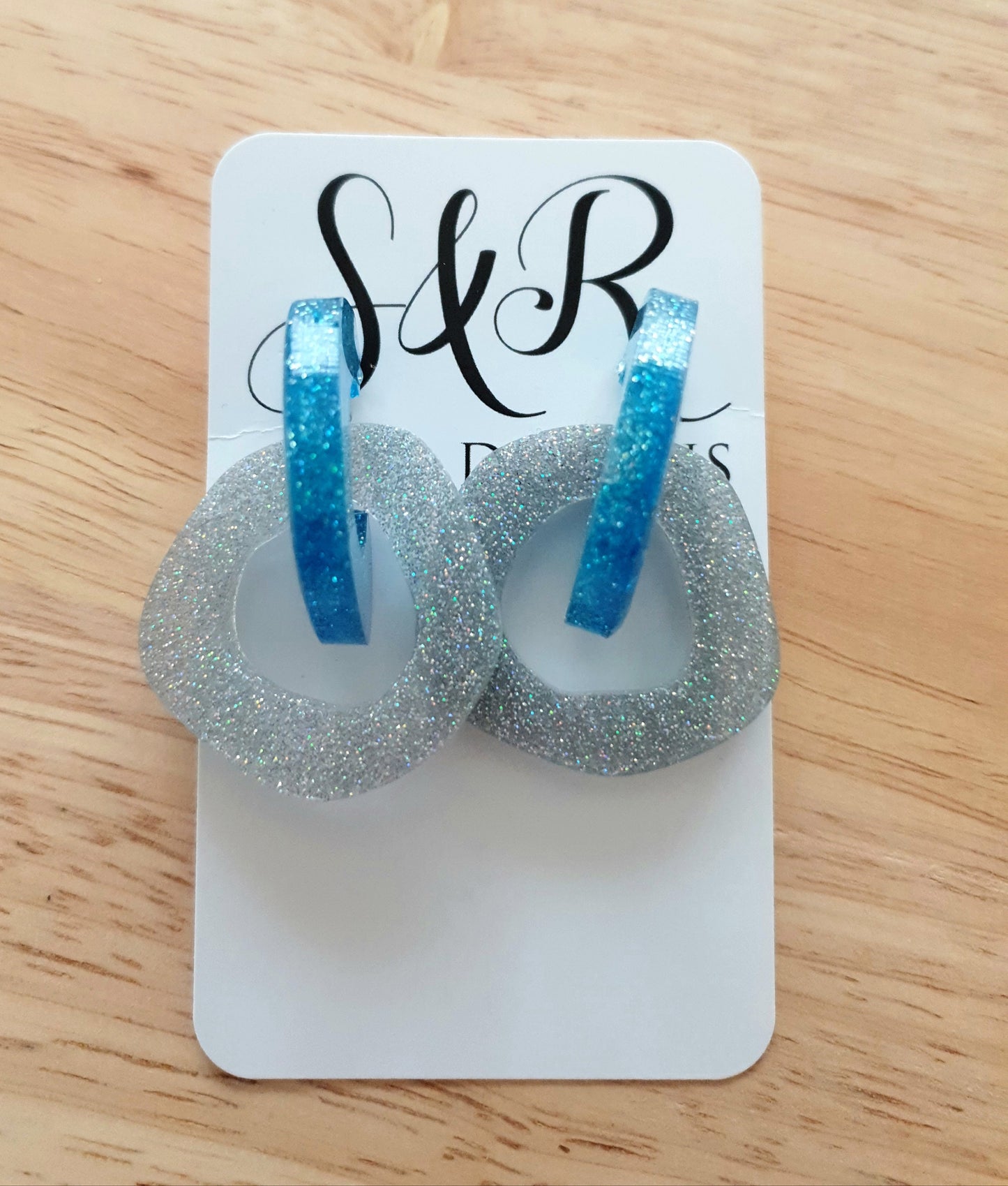 Blue Silver Holographic Hoop Link Dangle Drop Earrings, Glitter Resin Hoops with Stainless Steel. Unique Design Handmade Jewellery.