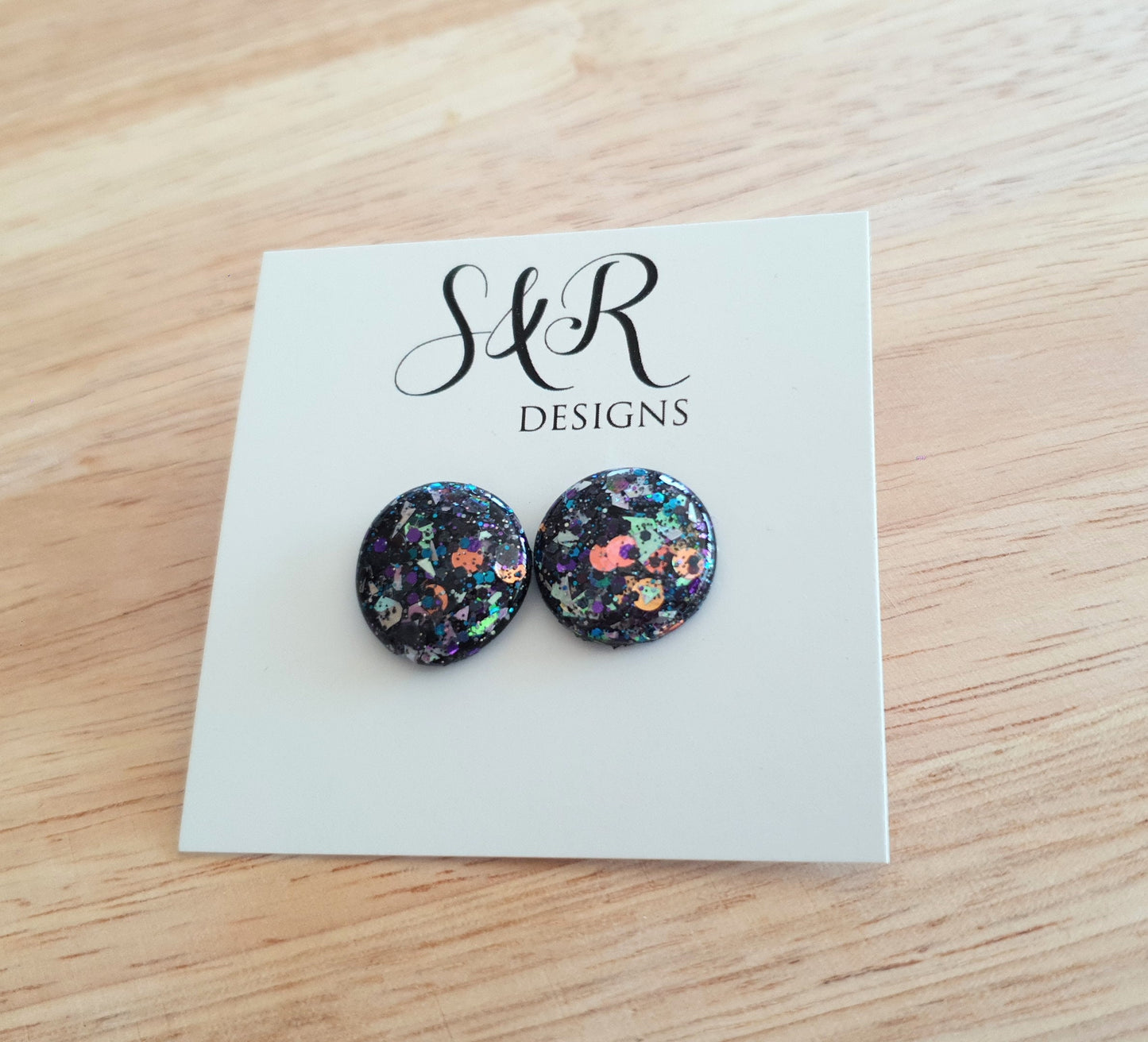 Black Holographic Circle Resin Stud Earrings, Chunky Metalic Mix Glitter Earrings. Stainless Steel Maximalist Studs. 18mm