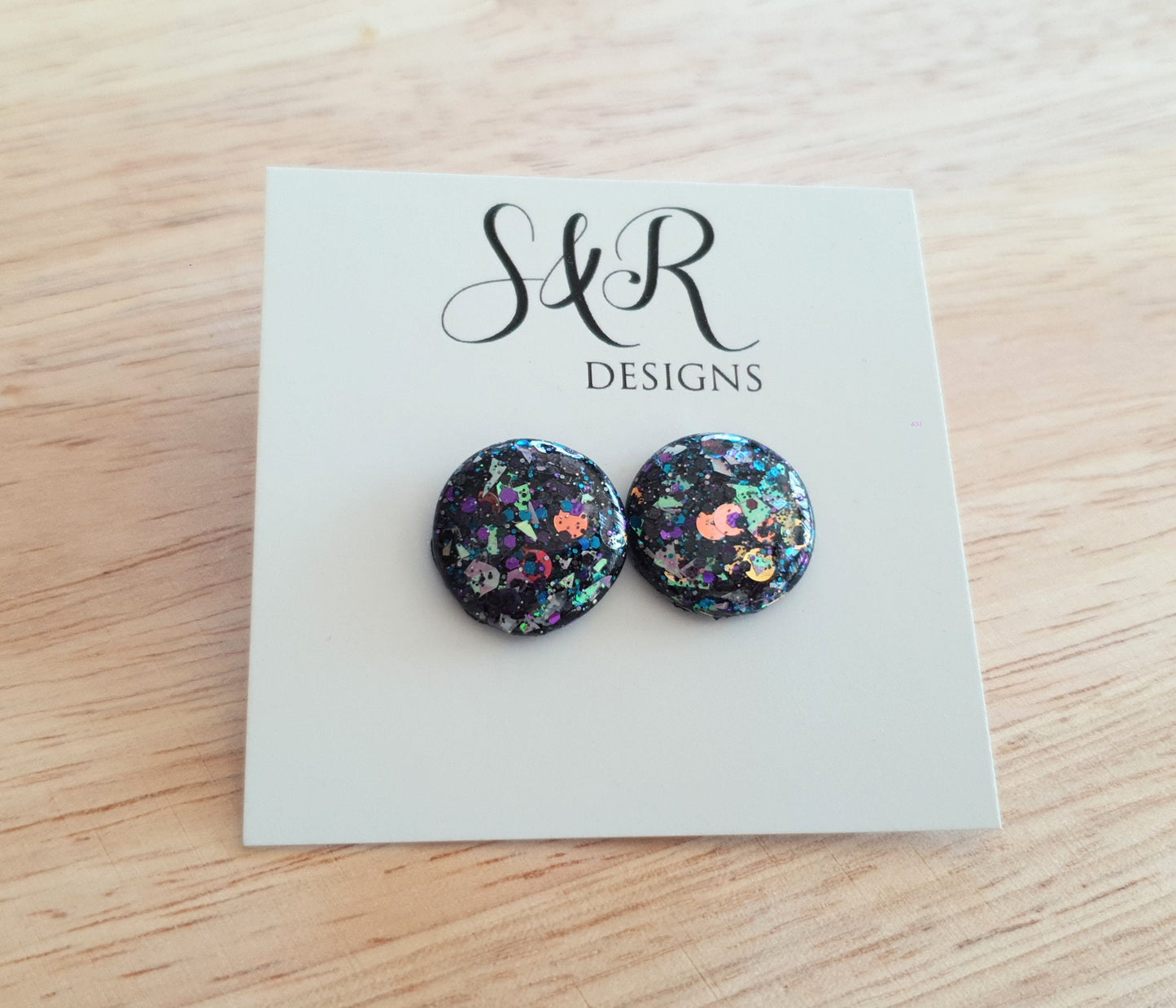 Black Holographic Circle Resin Stud Earrings, Chunky Metalic Mix Glitter Earrings. Stainless Steel Maximalist Studs. 18mm
