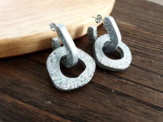 Silver Hoop Link Dangle Drop Earrings, Silver Holographic Hoops with Stainless Steel. Unique Design Handmade Jewellery.