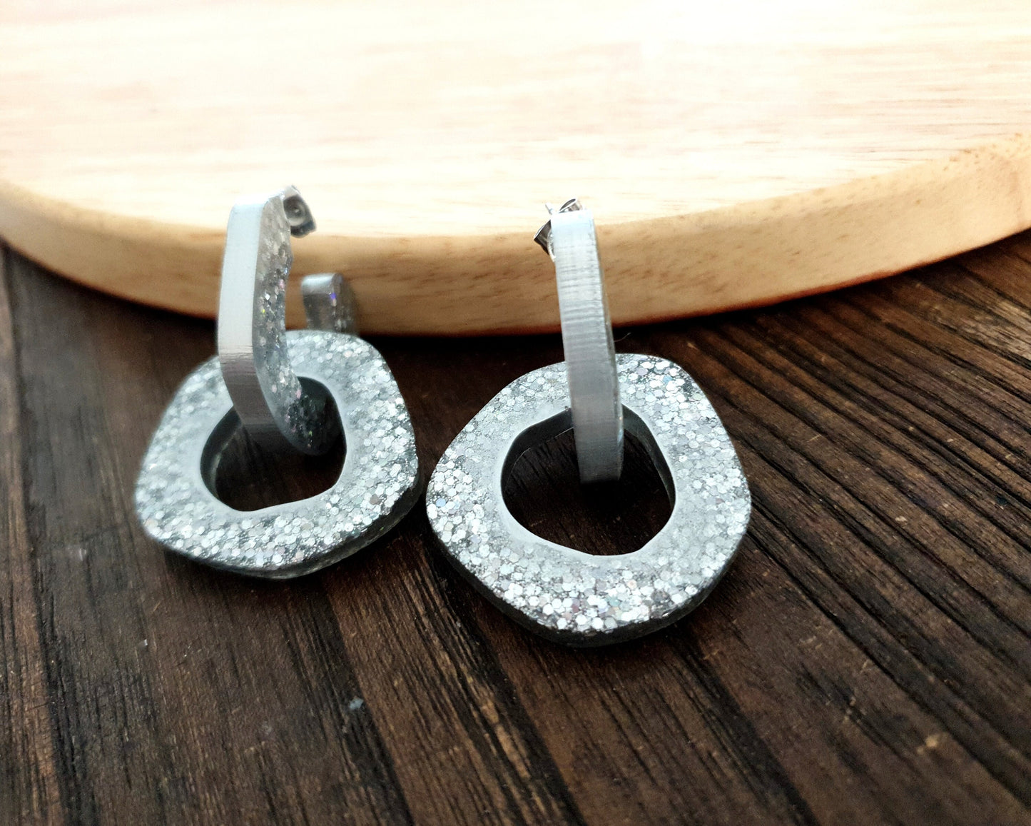Silver Hoop Link Dangle Drop Earrings, Silver Holographic Hoops with Stainless Steel. Unique Design Handmade Jewellery.