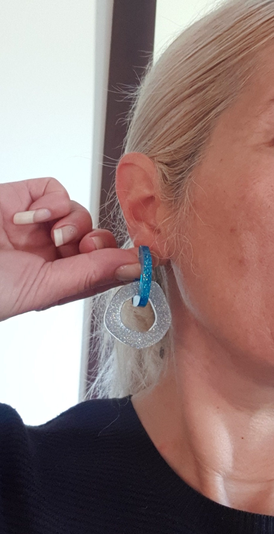 Blue Silver Holographic Hoop Link Dangle Drop Earrings, Glitter Resin Hoops with Stainless Steel. Unique Design Handmade Jewellery.