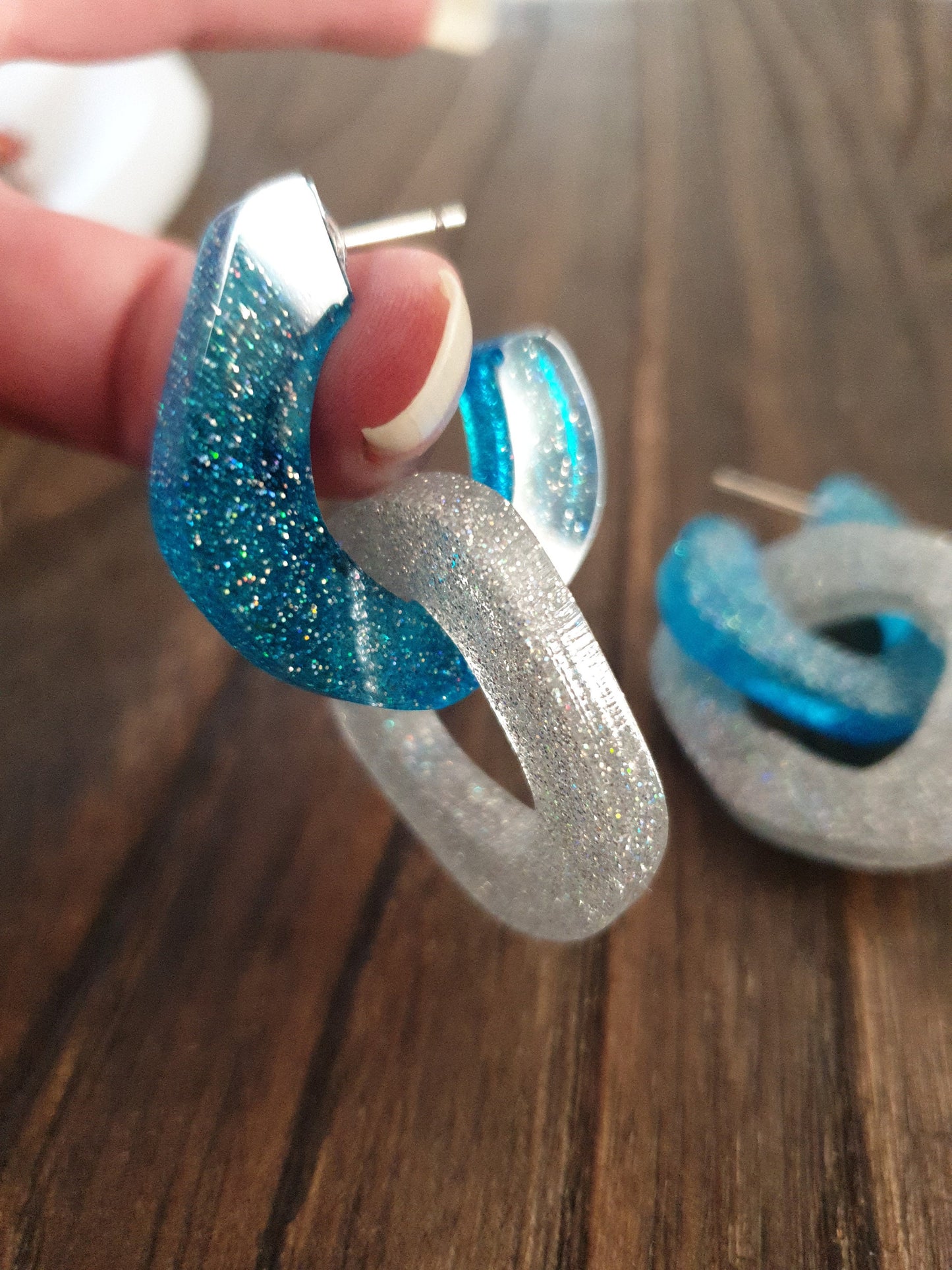 Blue Silver Holographic Hoop Link Dangle Drop Earrings, Glitter Resin Hoops with Stainless Steel. Unique Design Handmade Jewellery.