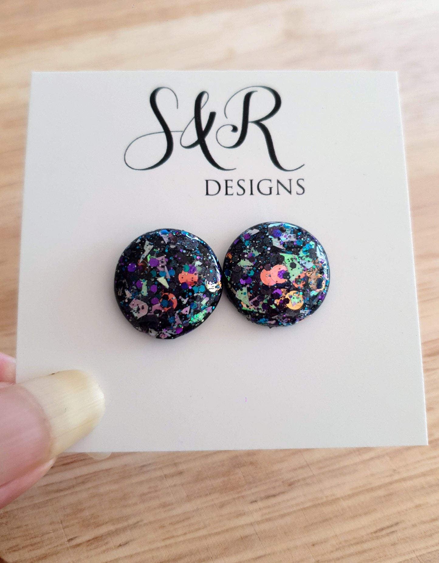 Black Holographic Circle Resin Stud Earrings, Chunky Metalic Mix Glitter Earrings. Stainless Steel Maximalist Studs. 18mm