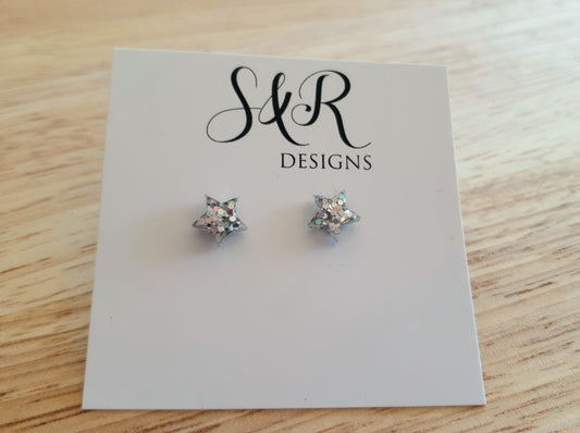 Silver Holographic Star Resin Stud Earrings, Silver Holographic Mix Glitter. Stainless Steel Minimalist Stud Earrings.