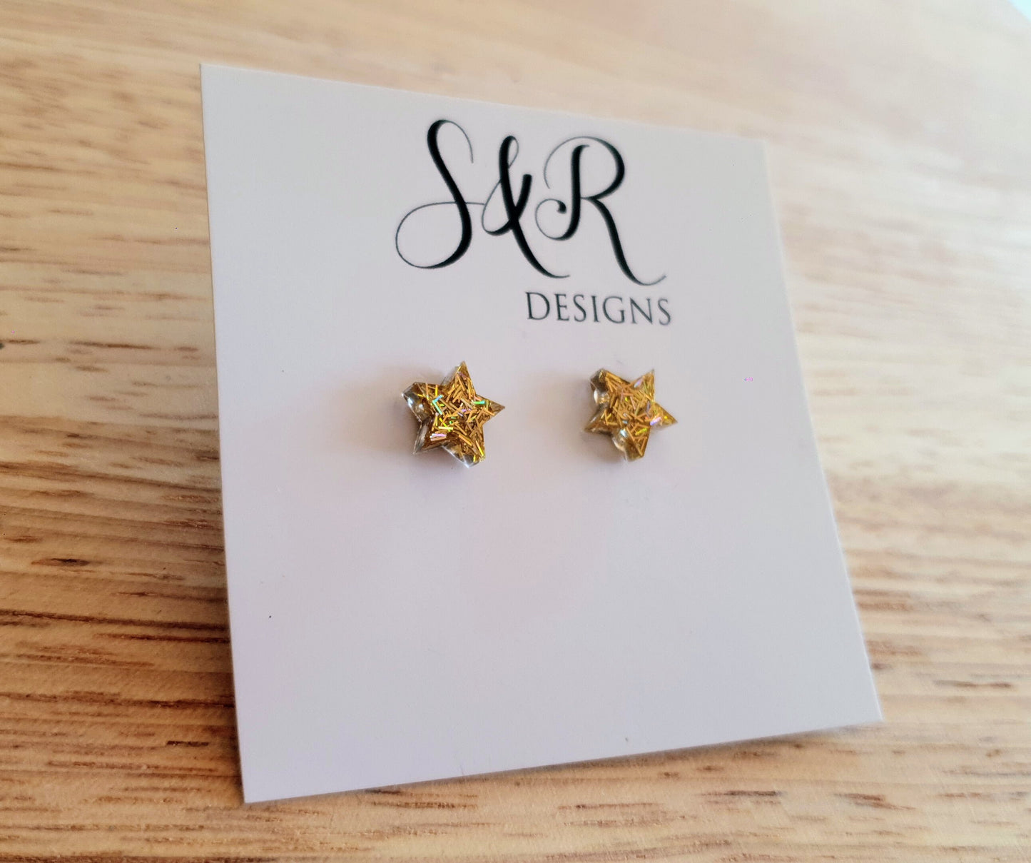 Gold Holographic Star Resin Stud Earrings, Holographic Mix Glitter. Stainless Steel Minimalist Stud Earrings.