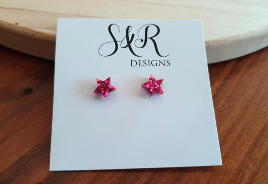 Hot Pink Star Resin Stud Earrings, Pink Glitter Star. Stainless Steel Minimalist Stud Earrings.