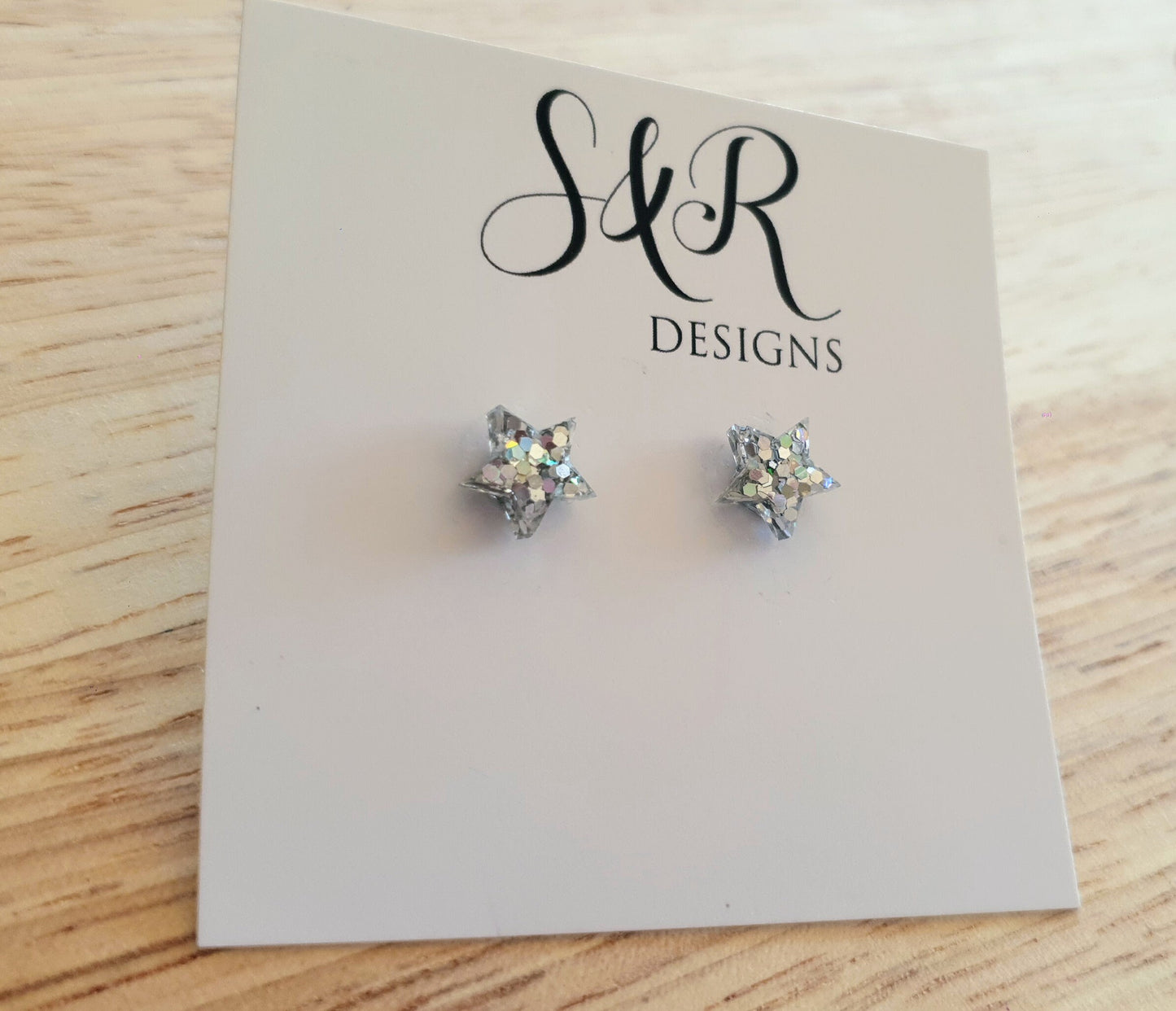 Silver Holographic Star Resin Stud Earrings, Silver Holographic Mix Glitter. Stainless Steel Minimalist Stud Earrings.