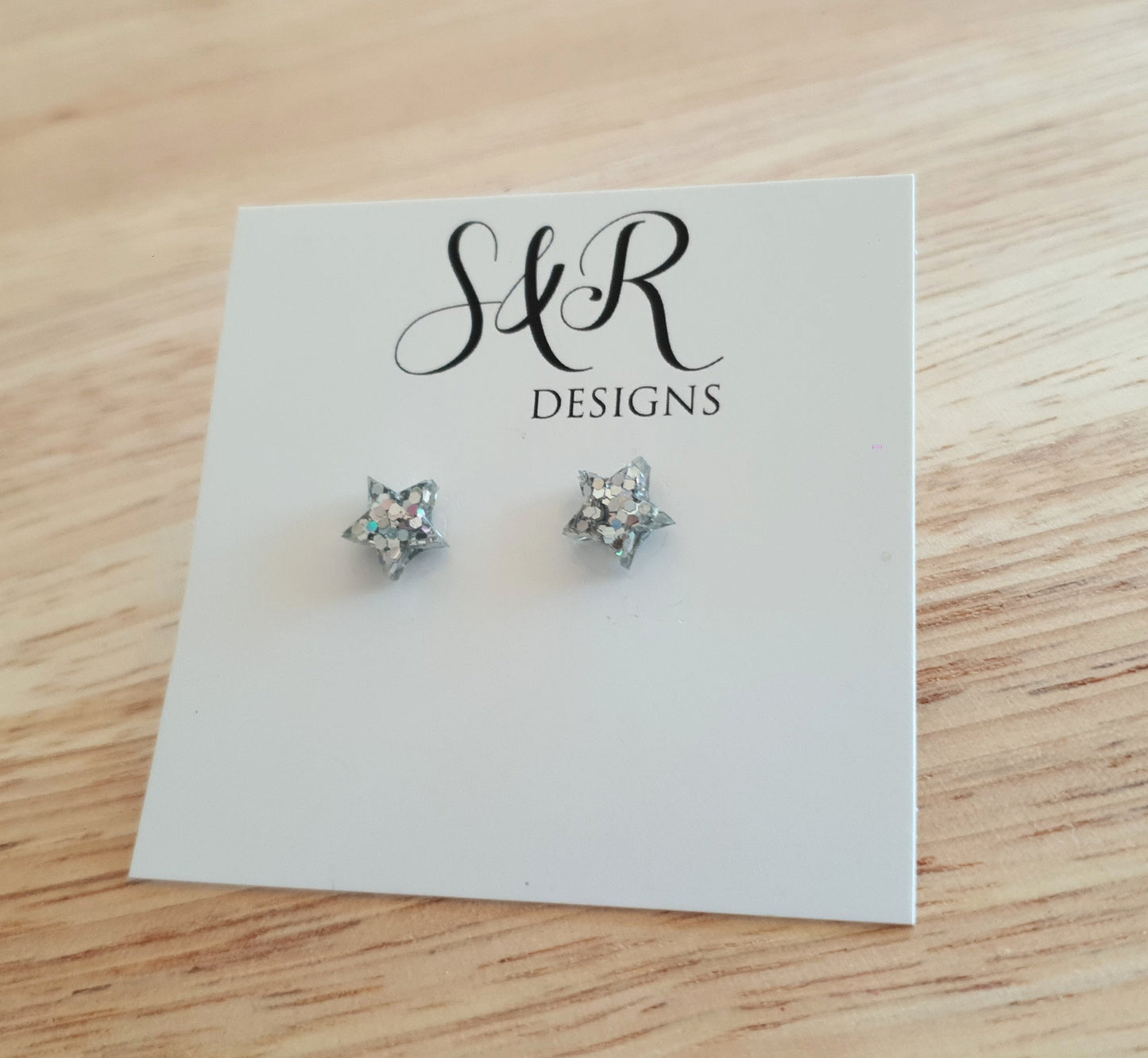 Silver Holographic Star Resin Stud Earrings, Silver Holographic Mix Glitter. Stainless Steel Minimalist Stud Earrings.