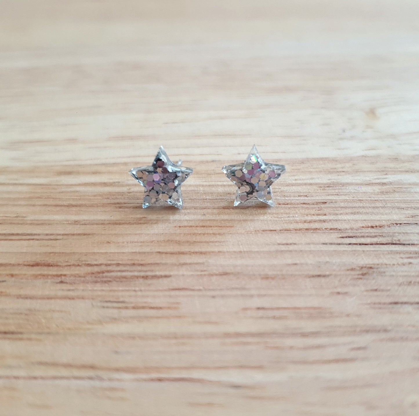 Silver Holographic Star Resin Stud Earrings, Silver Holographic Mix Glitter. Stainless Steel Minimalist Stud Earrings.
