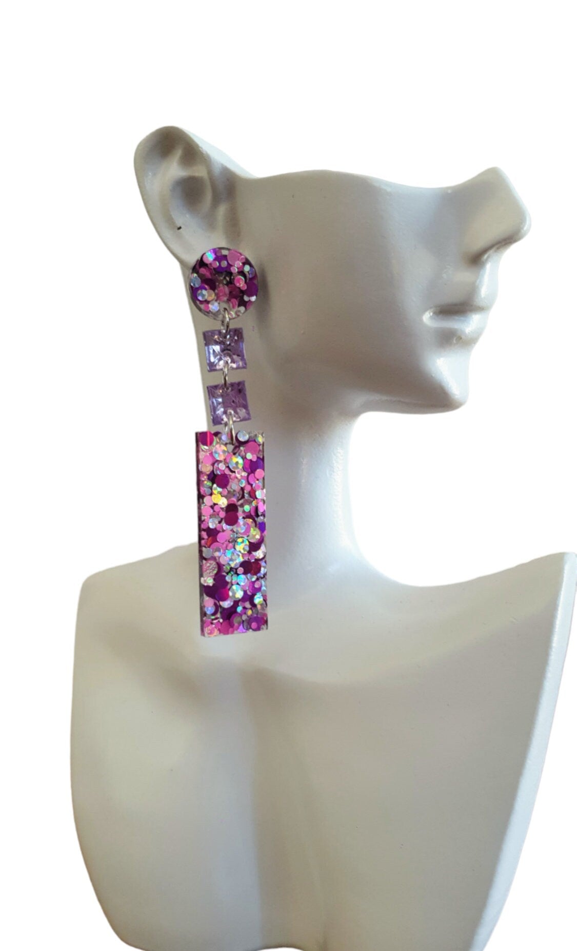 Unique Rectangle Bar Crystal Earrings, Multi Colour Pink, Purple and Silver Resin Mix Dangles