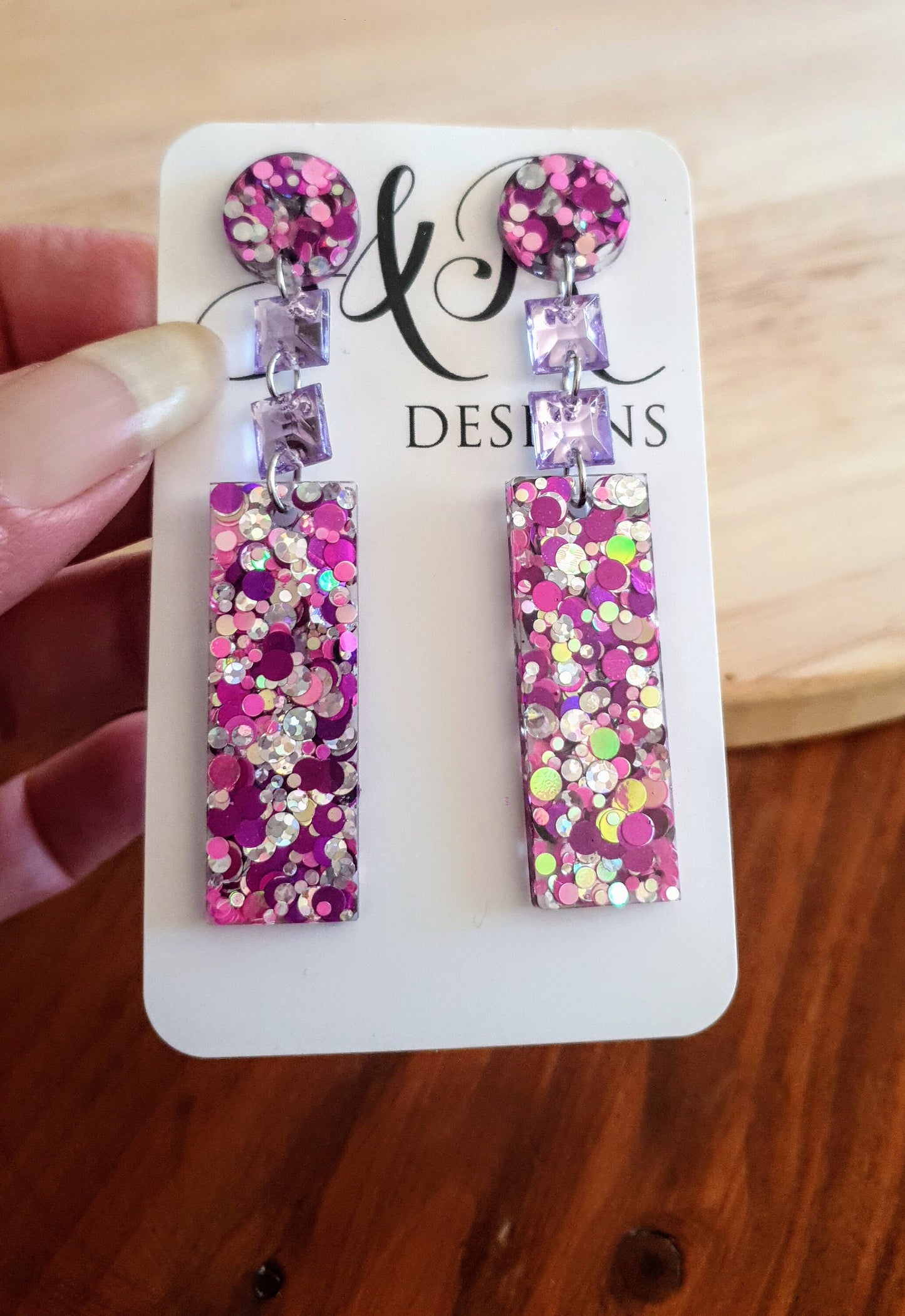 Unique Rectangle Bar Crystal Earrings, Multi Colour Pink, Purple and Silver Resin Mix Dangles