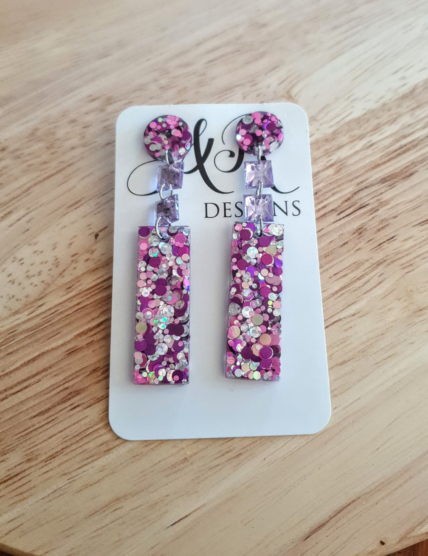 Unique Rectangle Bar Crystal Earrings, Multi Colour Pink, Purple and Silver Resin Mix Dangles