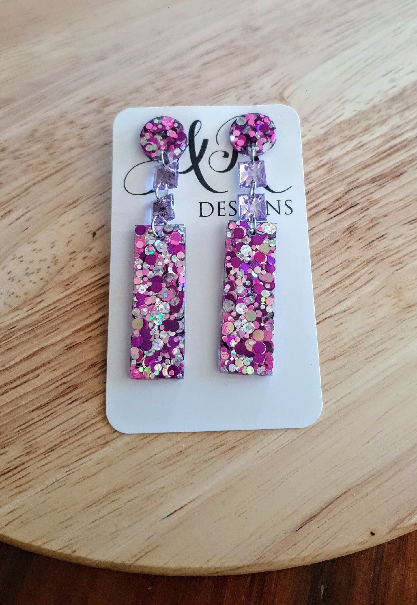 Unique Rectangle Bar Crystal Earrings, Multi Colour Pink, Purple and Silver Resin Mix Dangles