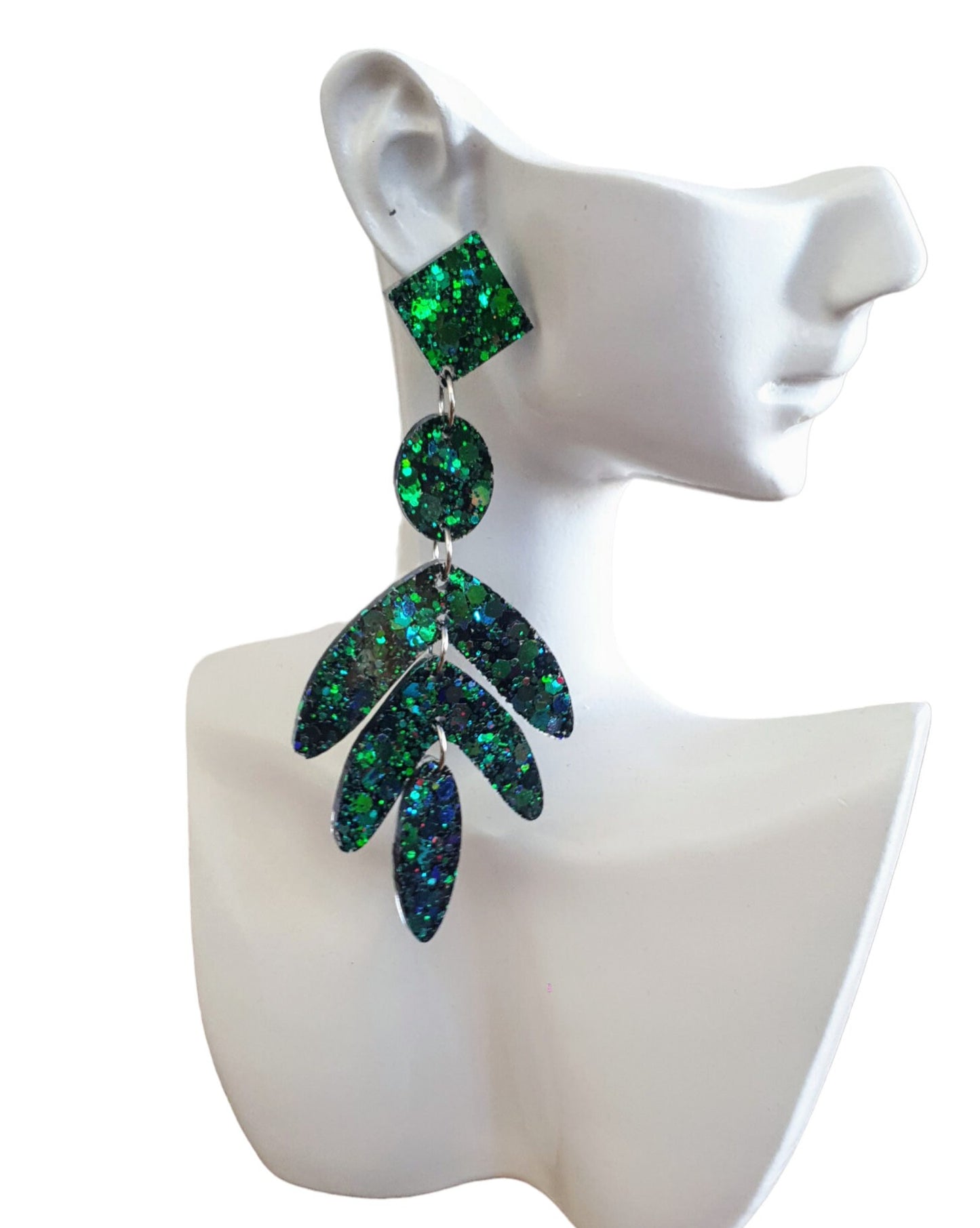 Dazzle in these Ocean Green Leaves Long Drop Earrings. Blue-green chameleon changing glitter resin dangles, Stunning Chandelier Statement
