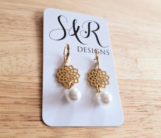 Gold Flower with Faux Pearl Leverback Earrings, Stainless Steel Statement Dangle Drop Minimalist Earrings. Pearl Drops.
