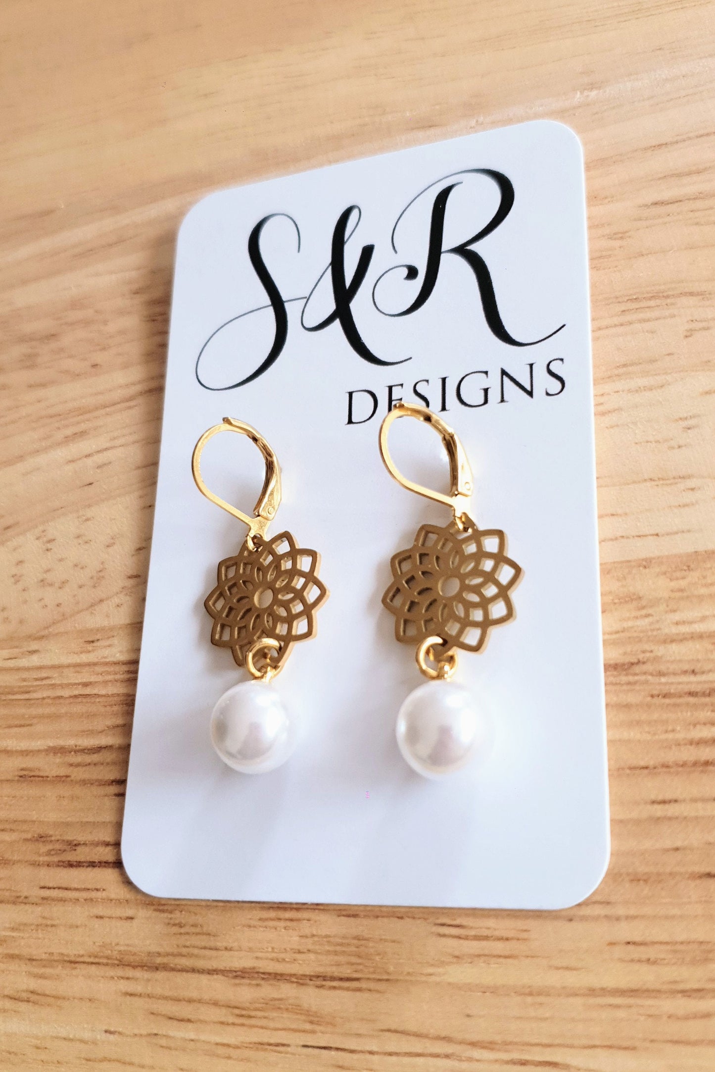 Gold Flower with Faux Pearl Leverback Earrings, Stainless Steel Statement Dangle Drop Minimalist Earrings. Pearl Drops.