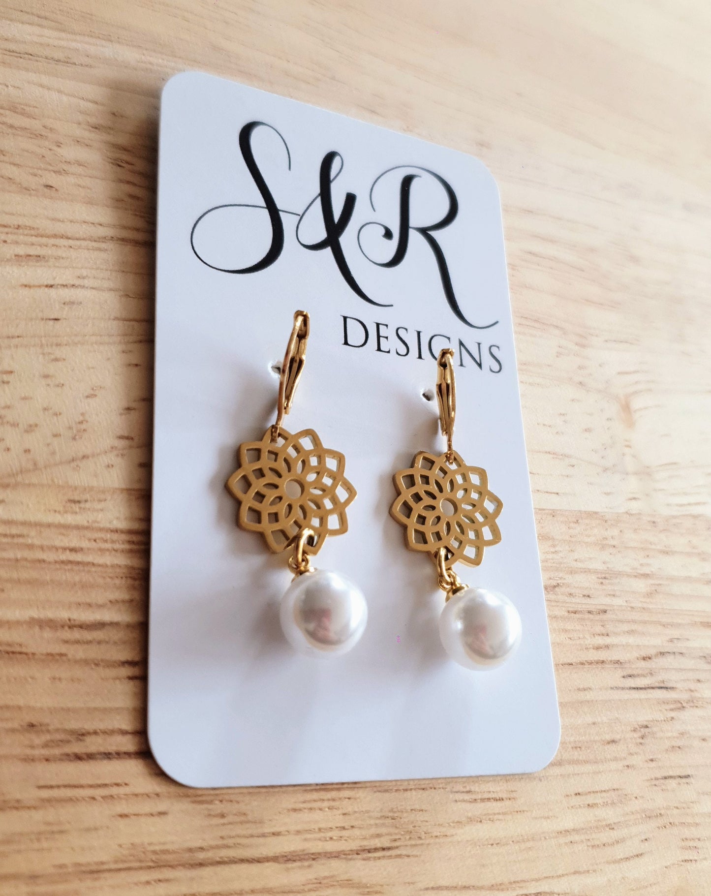 Gold Flower with Faux Pearl Leverback Earrings, Stainless Steel Statement Dangle Drop Minimalist Earrings. Pearl Drops.
