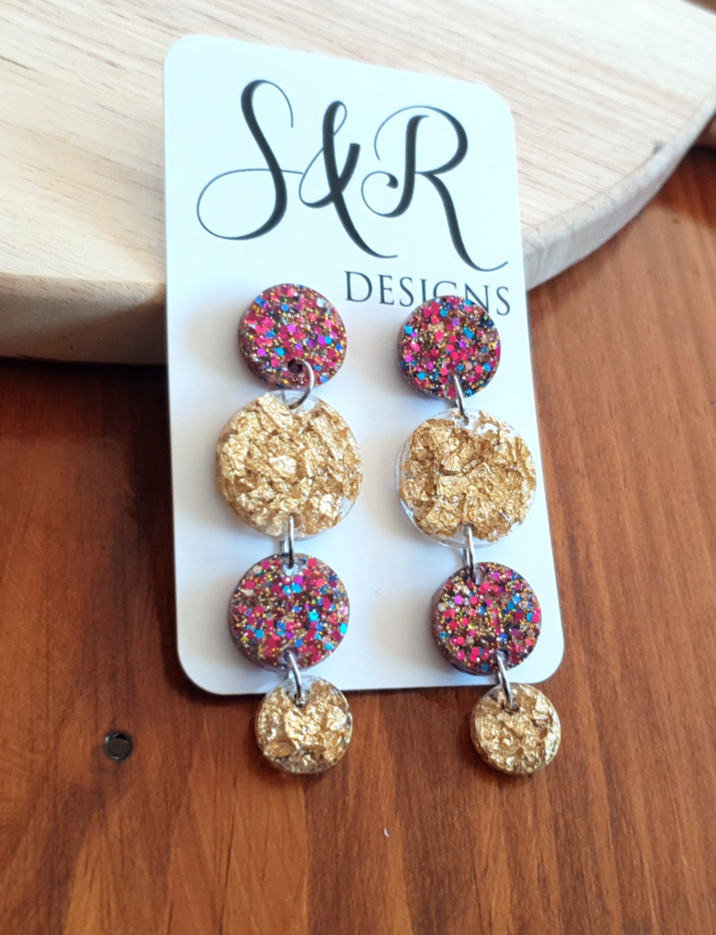 Gold Leaf Long Circle Dangle Drop Earrings, Statement Earrings, Gold Leaf and Pink Blue Mixed Glitter Resin Dangle Stud Earrings