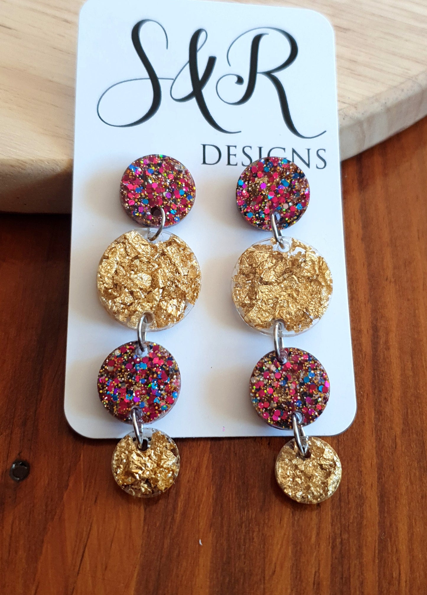 Gold Leaf Long Circle Dangle Drop Earrings, Statement Earrings, Gold Leaf and Pink Blue Mixed Glitter Resin Dangle Stud Earrings