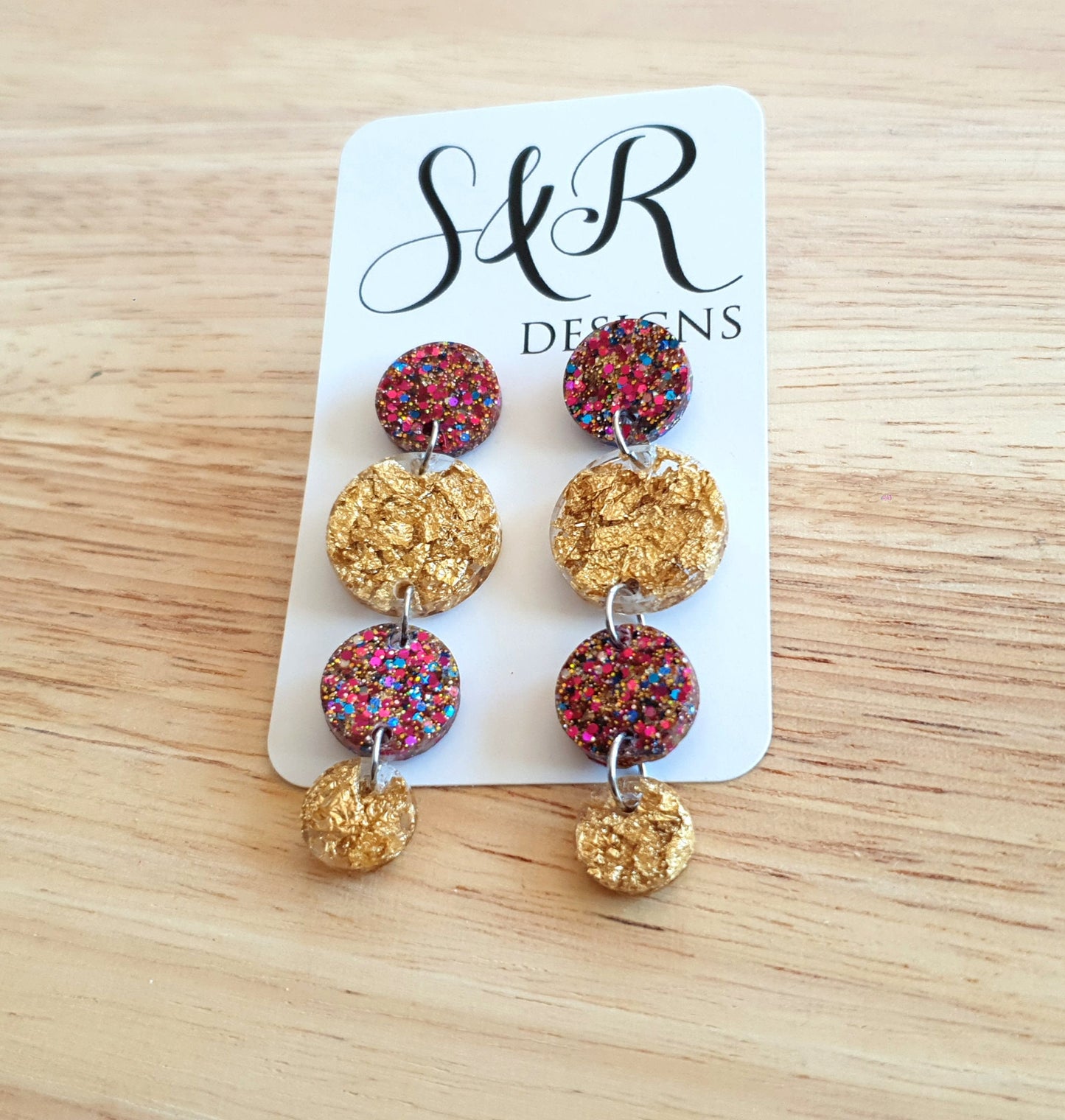 Gold Leaf Long Circle Dangle Drop Earrings, Statement Earrings, Gold Leaf and Pink Blue Mixed Glitter Resin Dangle Stud Earrings