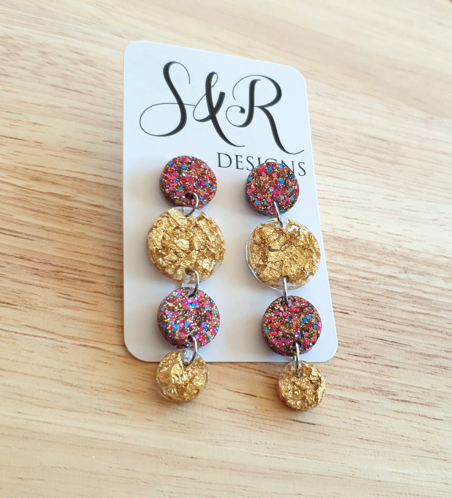 Gold Leaf Long Circle Dangle Drop Earrings, Statement Earrings, Gold Leaf and Pink Blue Mixed Glitter Resin Dangle Stud Earrings