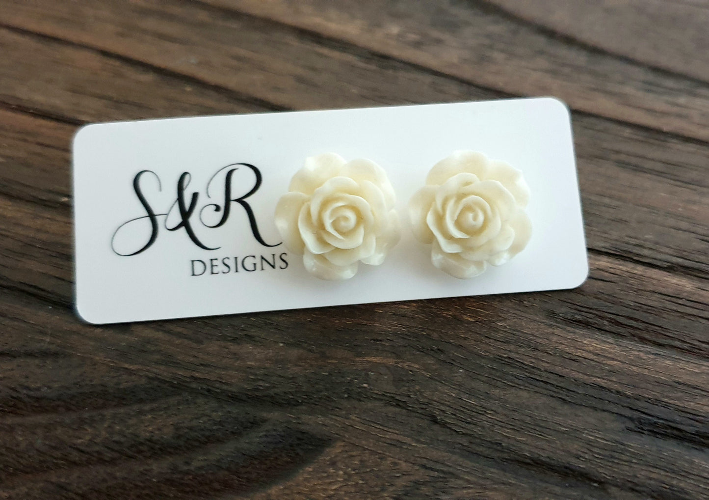 Cream Roses Resin Stud Earrings,  Flower Rose Earrings. Stainless Steel Stud Earrings.
