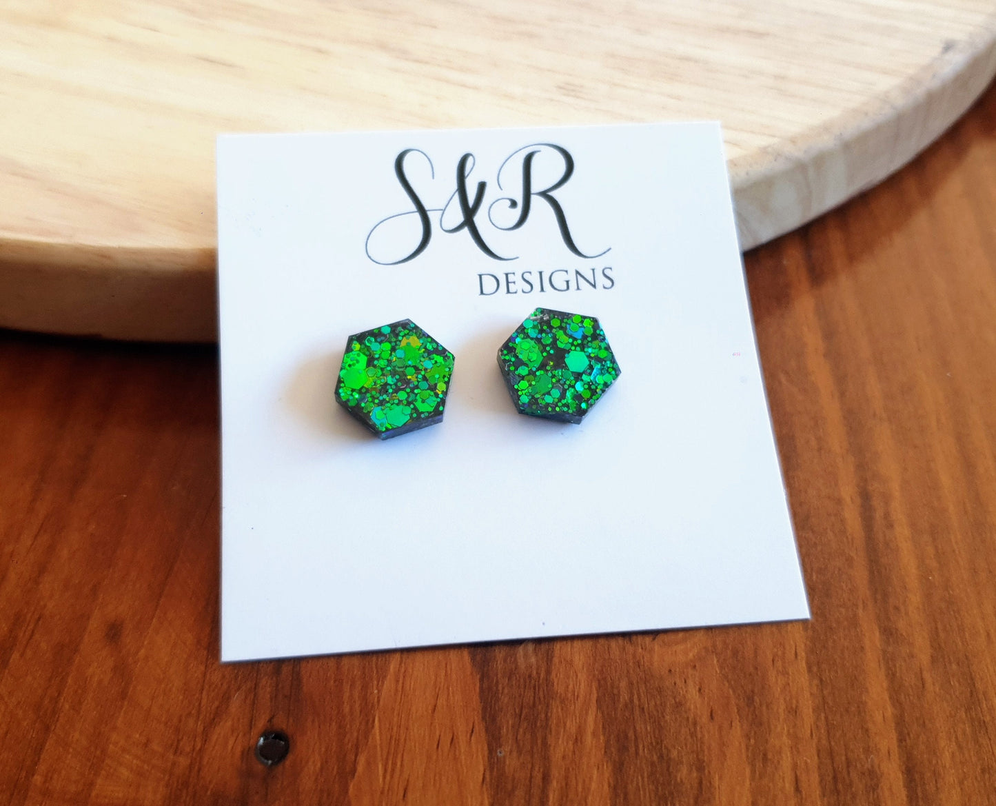 Hexagon Stud Earring, Chameleon Blue Emerald Green Changing Glitter Resin Studs, Ocean Blue Mix Earrings. Stainless Steel. 15mm
