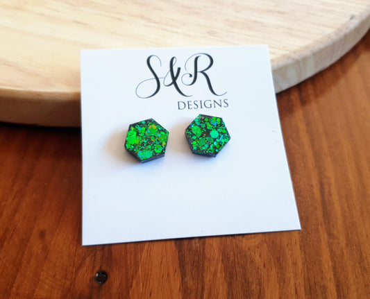 Hexagon Stud Earring, Chameleon Blue Emerald Green Changing Glitter Resin Studs, Ocean Blue Mix Earrings. Stainless Steel. 15mm