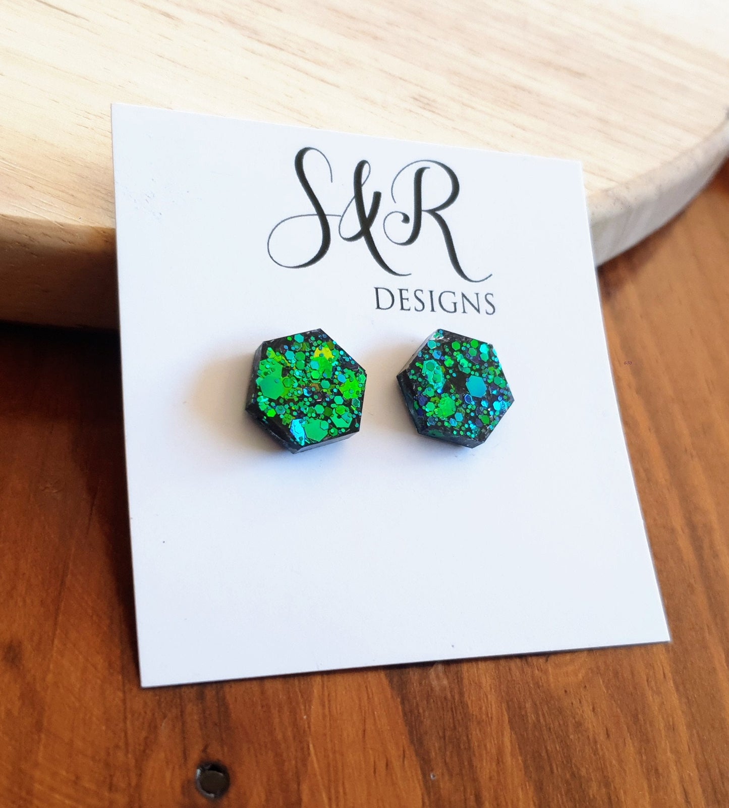 Hexagon Stud Earring, Chameleon Blue Emerald Green Changing Glitter Resin Studs, Ocean Blue Mix Earrings. Stainless Steel. 15mm