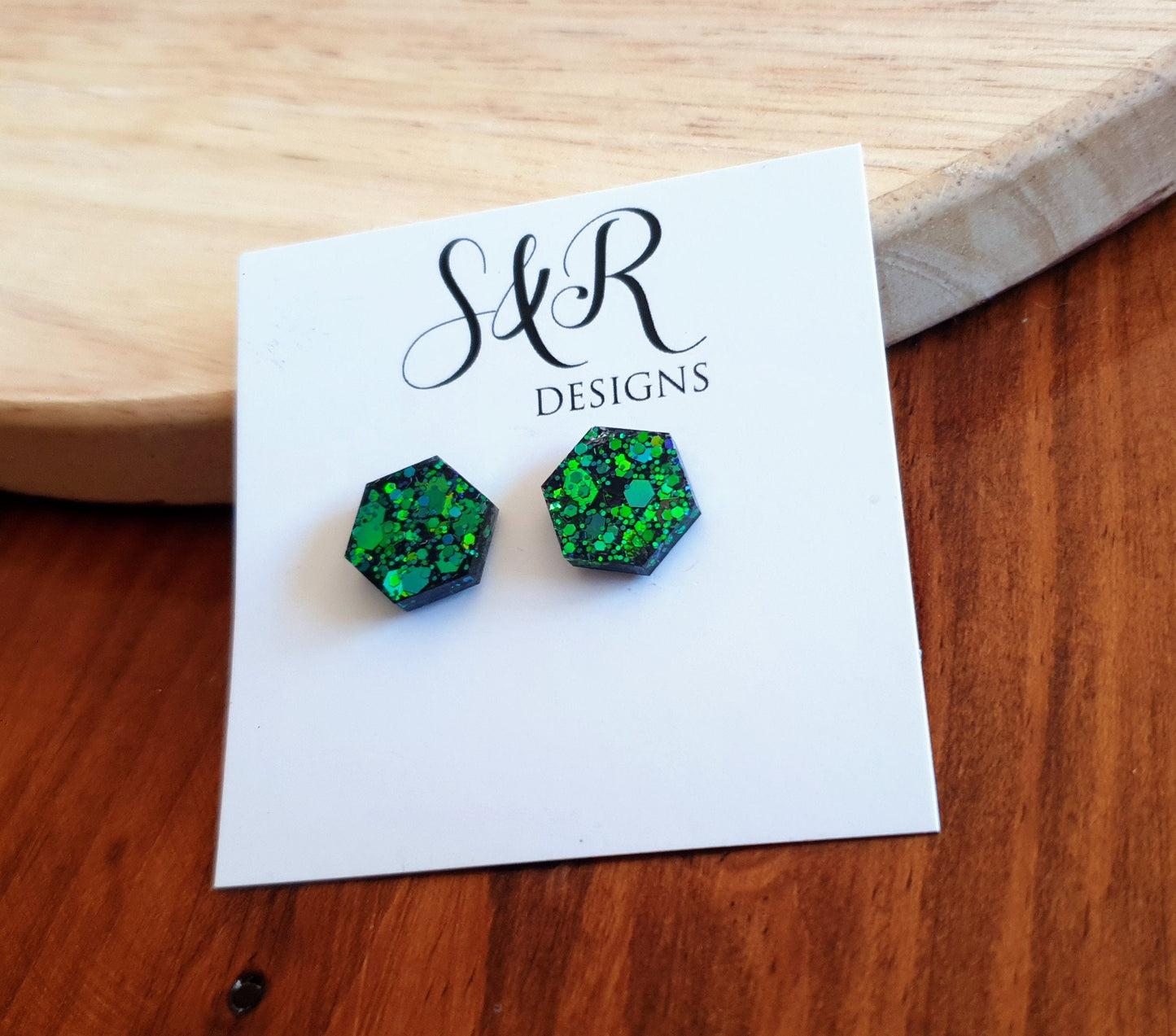 Hexagon Stud Earring, Chameleon Blue Emerald Green Changing Glitter Resin Studs, Ocean Blue Mix Earrings. Stainless Steel. 15mm
