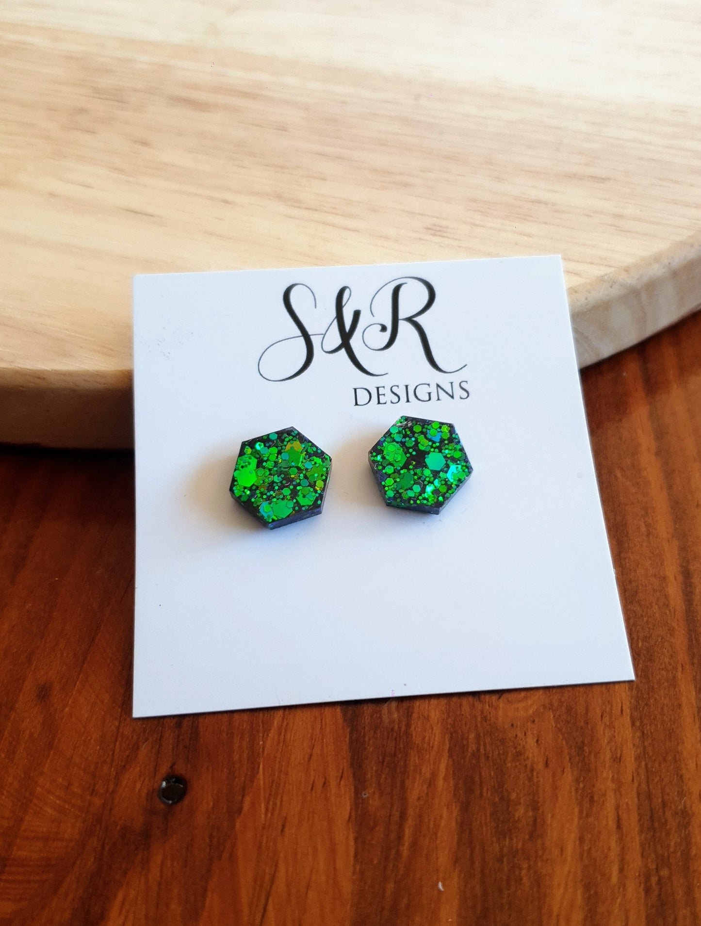 Hexagon Stud Earring, Chameleon Blue Emerald Green Changing Glitter Resin Studs, Ocean Blue Mix Earrings. Stainless Steel. 15mm