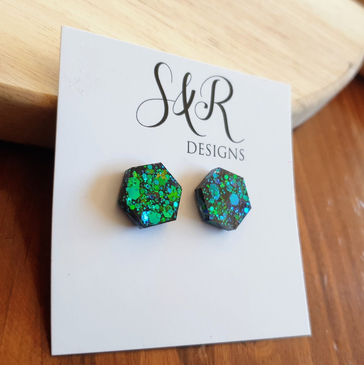 Hexagon Stud Earring, Chameleon Blue Emerald Green Changing Glitter Resin Studs, Ocean Blue Mix Earrings. Stainless Steel. 15mm