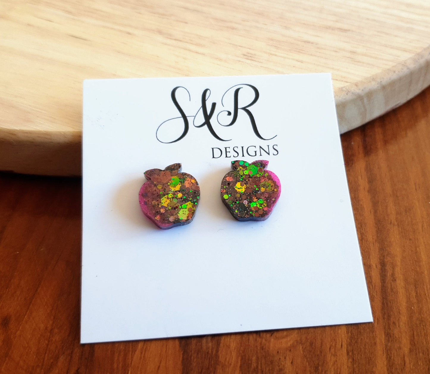 Apple Stud Earring, Pink, Emerald Green Brown Changing Glitter Resin Studs, Stainless Steel. 15mm