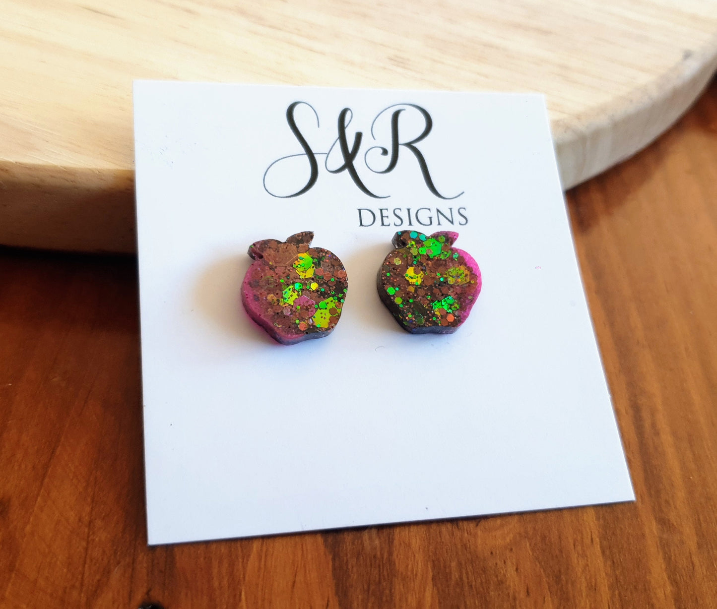 Apple Stud Earring, Pink, Emerald Green Brown Changing Glitter Resin Studs, Stainless Steel. 15mm