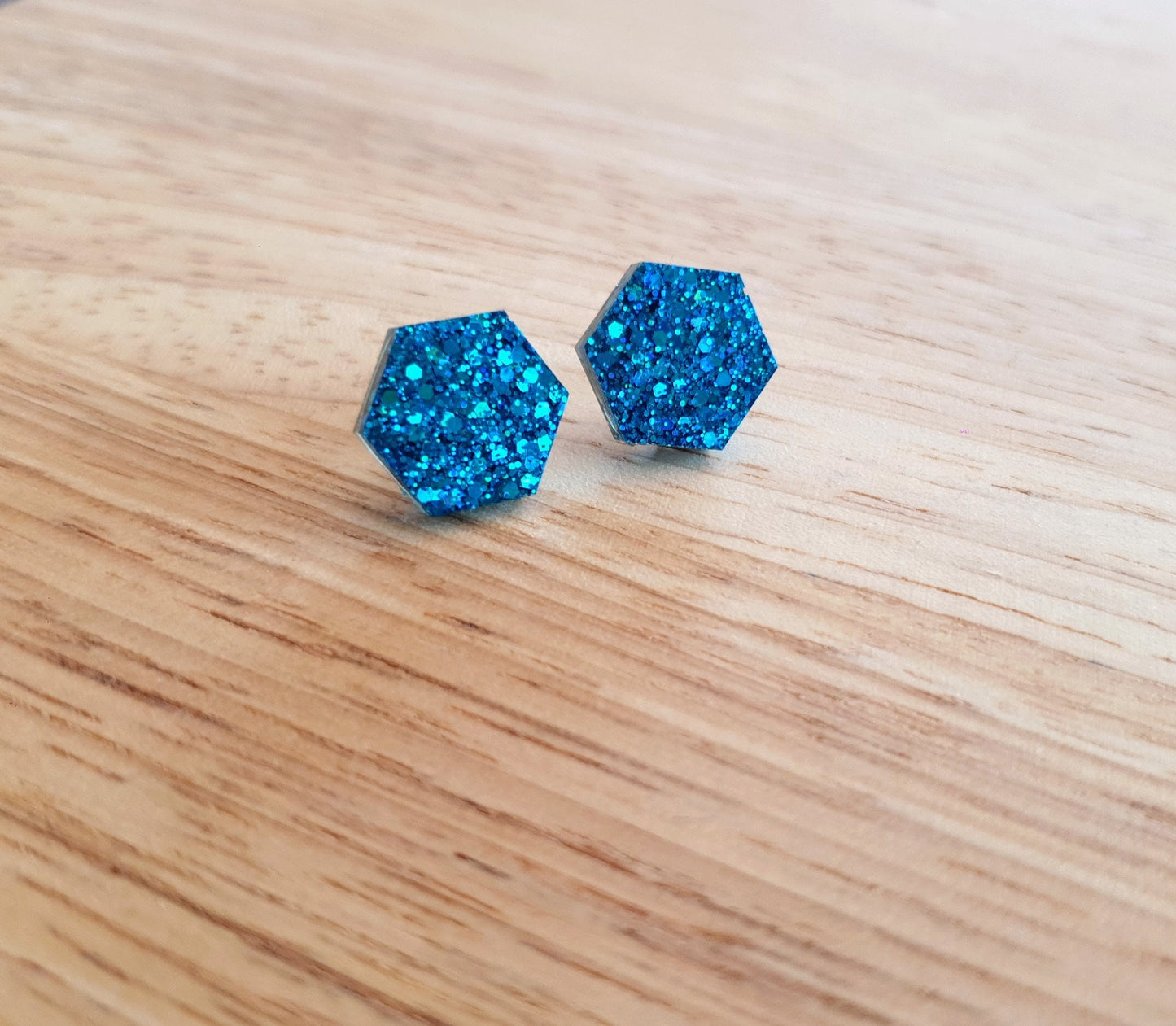 Hexagon Stud Earring, Ocean Blue Glitter Resin Studs, Stainless Steel. 15mm