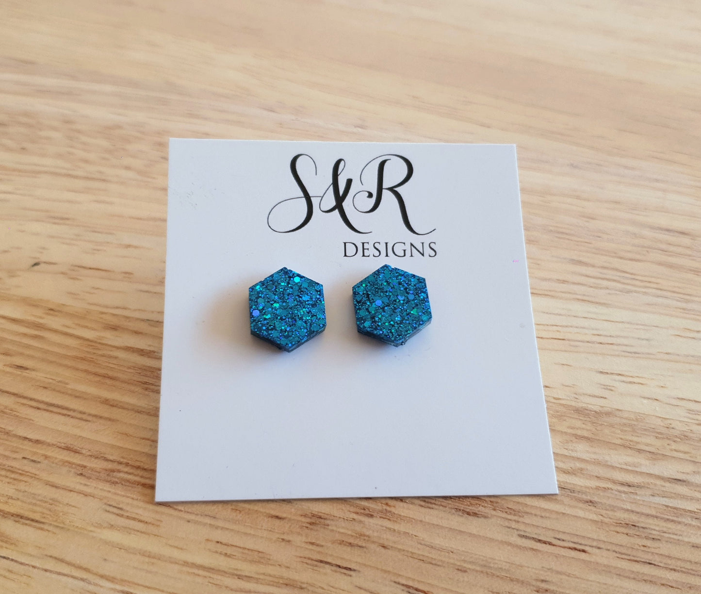 Hexagon Stud Earring, Ocean Blue Glitter Resin Studs, Stainless Steel. 15mm