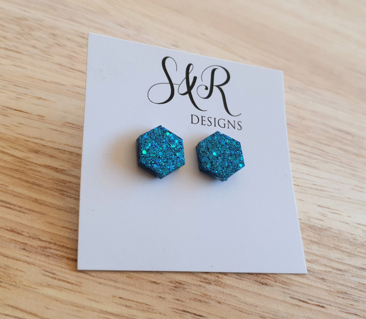 Hexagon Stud Earring, Ocean Blue Glitter Resin Studs, Stainless Steel. 15mm