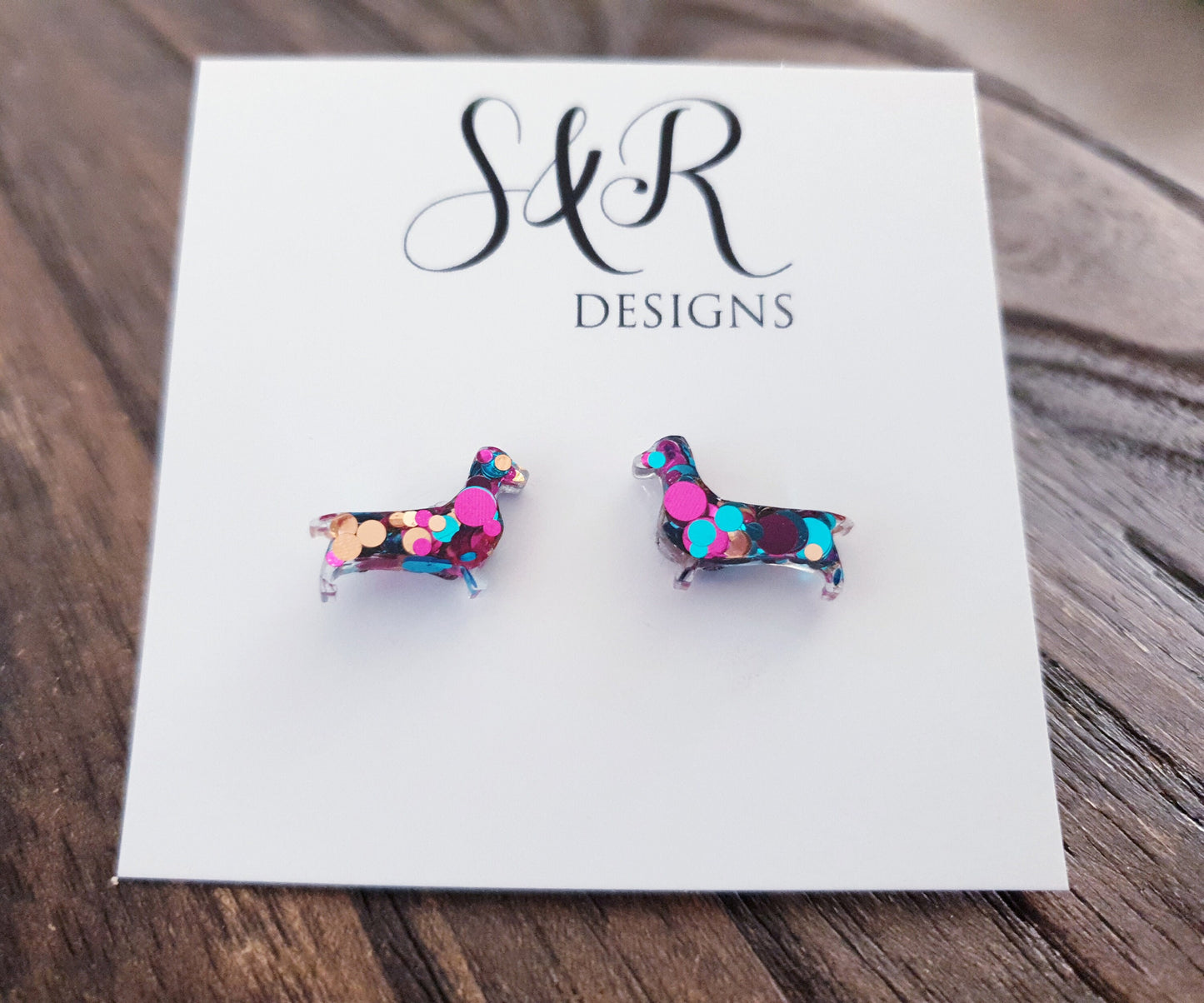 Dachshund Resin Stud Earrings, Aqua, Pink and Gold Mix Glitter Sausage Dog Earrings, Stainless Steel Studs