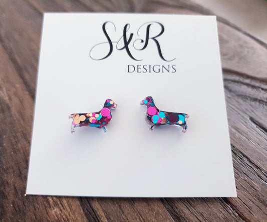 Dachshund Resin Stud Earrings, Aqua, Pink and Gold Mix Glitter Sausage Dog Earrings, Stainless Steel Studs