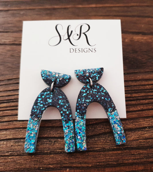 U Shape Dangle Earrings, Ice Blue Black Mix Glitter Earrings, Resin Dangle Earrings, Stainless Steel Earrings, Statement Earrings