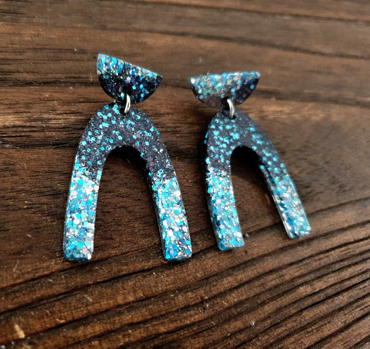 U Shape Dangle Earrings, Ice Blue Black Mix Glitter Earrings, Resin Dangle Earrings, Stainless Steel Earrings, Statement Earrings